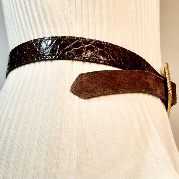 Western Style Belt Large Sz Suede Reptile Print Leather Jumbo Gold Tone Buckle main image 7